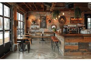 ai generiert industriell schick Kaffee Geschäft mit Metall Akzente und gemeinschaftlich Sitzplätze foto