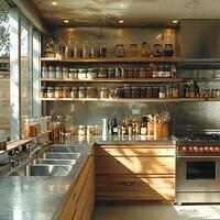 ai generiert industriell Stil Küche mit rostfrei Stahl Arbeitsplatten und öffnen Regale foto