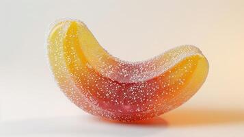 ai generiert realistisch gummiartig Süßigkeiten geformt mögen ein Banane, mit drei Farben, elastisch Textur, und Zucker streuen, ai generiert foto