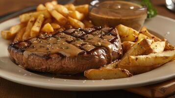 ai generiert genießen amerikanisch Steak beim das Bar mit Chips und Bohnenkraut Bratensoße, ai generiert foto