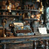 ai generiert Steampunk Büro mit Jahrgang Schreibmaschinen Messing- Lampen foto
