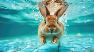 ai generiert komisch unter Wasser Szene Hase im Schwimmbad Theaterstücke tief tauchen Aktion, ai generiert. foto