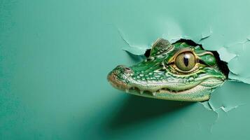 ai generiert ein humorvoll Alligator Gleichaltrigen durch ein zerrissen Loch im ein Kontrast Pastell- Farbe Papier Hintergrund, ai generiert foto