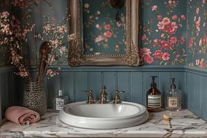 ai generiert elegant Pulver Zimmer mit Blumen- Hintergrund und Antiquität Spiegel foto