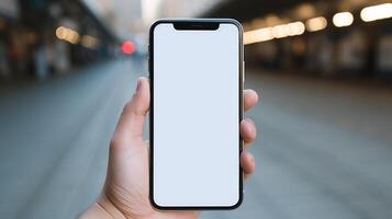 ai generiert Mensch Hand hält Handy, Mobiltelefon Telefon Attrappe, Lehrmodell, Simulation mit leer Weiß Bildschirm, perfekt zum präsentieren Digital Entwürfe. ai generiert foto