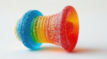 ai generiert realistisch gummiartig Süßigkeiten geformt mögen ein Lautsprecher, mit drei Farben, elastisch Textur, und Zucker streuen, ai generiert foto