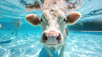 ai generiert komisch unter Wasser Szene Kuh im Schwimmbad Theaterstücke tief tauchen Aktion, ai generiert. foto