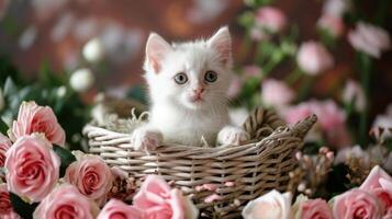 ai generiert klein Weiß Kätzchen im das Korb mit Rosa Rosen. Kitty und Blumen foto