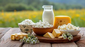 ai generiert Milch und mehrere Typen von Käse und Hütte Käse auf ein hölzern Tabelle auf ein Bauernhof gegen ein Feld, Molkerei Bauernhof Produkte foto