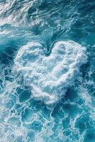 ai generiert Herz geformt Welle im das Licht Blau Meer foto