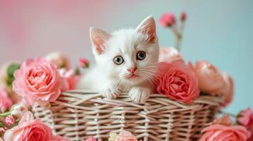 ai generiert klein Weiß Kätzchen im das Korb mit Rosa Rosen. Kitty und Blumen foto