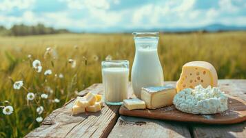 ai generiert Milch und mehrere Typen von Käse und Hütte Käse auf ein hölzern Tabelle auf ein Bauernhof gegen ein Feld, Molkerei Bauernhof Produkte foto