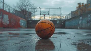 ai generiert Basketball immer noch im das Mitte von ein leeren Stadt Basketball Gericht foto