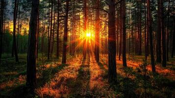 ai generiert Sonnenuntergang oder Sonnenaufgang im das Wald mit Strahlen von Licht foto