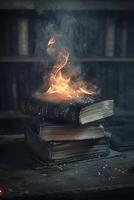 ai generiert dunkel Bücher auf Feuer foto