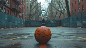 ai generiert Basketball immer noch im das Mitte von ein leeren Stadt Basketball Gericht foto