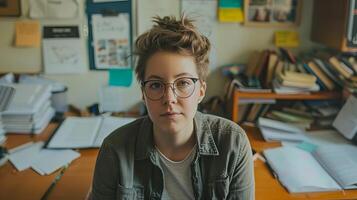 ai generiert jung Frau im Brille Sitzung im Büro foto