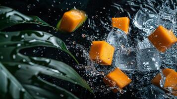 ai generiert Würfel von Orange Seife mit Eis Würfel und Palme Blatt auf schwarz Hintergrund foto