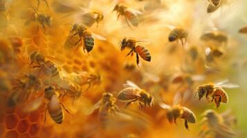 ai generiert Bienen sind beschäftigt um das Bienenstock foto