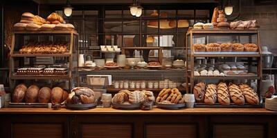 ai generiert Brot Geschäft Fenster. das frischeste Brot. köstlich frisch gebacken Waren foto