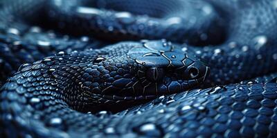 ai generiert schließen oben Bild von ein dunkel Blau Viper mit Wasser Tropfen foto