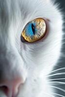 ai generiert süß Weiß Katze einer Auge ist golden und das andere Auge hat Saphir Blau abnormal Schüler foto