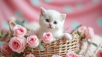 ai generiert klein Weiß Kätzchen im das Korb mit Rosa Rosen. Kitty und Blumen foto