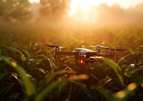 ai generiert das Drohne fliegt unter das Pflanzen. Clever Landwirtschaft Landwirtschaft kontrolliert durch Technologie. foto