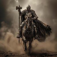 ai generiert Fantasie Ritter bewaffnet mit ein Krieg Hammer Reiten ein Krieg Pferd foto