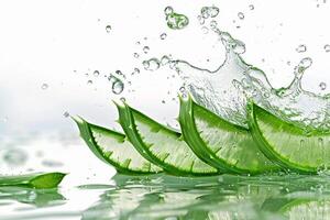 ai generiert schließen oben von saftig Aloe vera Stücke mit Wasser spritzt foto