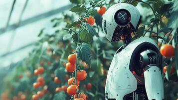 ai generiert ein Roboter wächst Tomaten im ein Gewächshaus. foto