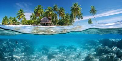 ai generiert fotorealistisch Darstellung von ein tropisch Insel und Meer Welt. Aussicht von das Wasser foto