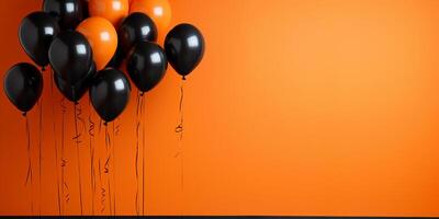 ai generiert festlich Hintergrund mit schwarz und Orange Luftballons. Halloween Herbst Party Luftballons Hintergrund foto