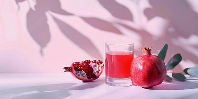 ai generiert fotorealistisch Bild von Granatapfel Saft im ein Glas Nächster zu das Obst foto