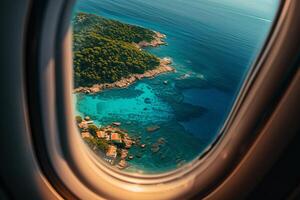 ai generiert Aussicht von ein Flugzeug Fenster mit ein atemberaubend Aussicht von das tropisch Insel und Meer foto