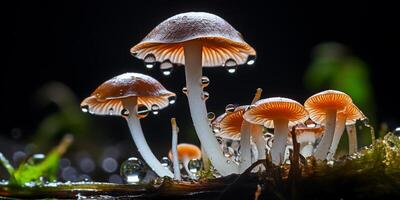 ai generiert Nahansicht Bild von ein Gruppe von Pilze. nass Nacht Wald foto