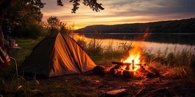 ai generiert fotorealistisch Rendern von über Nacht Camping auf das Strand. Camping foto