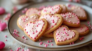 ai generiert ein Teller von hausgemacht herzförmig Kekse mit Glasur und Sträusel. Symbol von Valentinstag Tag, Liebe und Beziehung foto