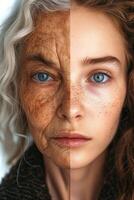 ai generiert das Gesicht von ein jung Mädchen und ein Alten Frau mit Falten. das Konzept von Altern und Haut Pflege foto