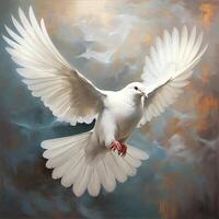 ai generiert Weiß Taube im das Luft mit Flügel breit öffnen gegen das Himmel. ein Symbol von Frieden foto