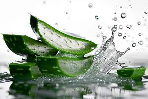 ai generiert schließen oben von saftig Aloe vera Stücke mit Wasser spritzt foto