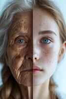 ai generiert das Gesicht von ein jung Mädchen und ein Alten Frau mit Falten. das Konzept von Altern und Haut Pflege foto