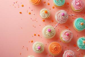 ai generiert Pfirsich Flaum Tabelle oben auf Pfirsich Hintergrund mit dekoriert Lutscher und Cupcakes, Kinder Geburtstag Party foto