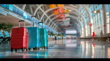 ai generiert das Flughafen Gebäude hat hell farbig Gepäck Taschen. das Hintergrund ist verschwommen. foto