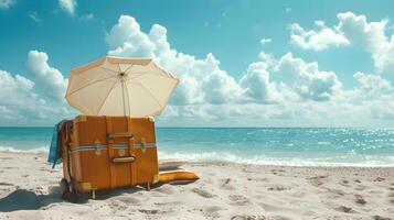 ai generiert Koffer auf das Strand es repräsentiert Entspannung oder Reisen inmitten das Sonne und Sanft sandig Strände. foto
