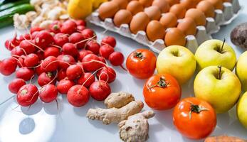 oben Aussicht von gemischt Gemüse. rötlich im Vorderseite. organisch Essen Konzept. bleibe gesund. frisch Produkte verbrauchen foto