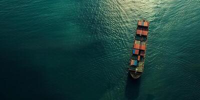 ai generiert Container Schiff im das öffnen Ozean. oben Aussicht foto