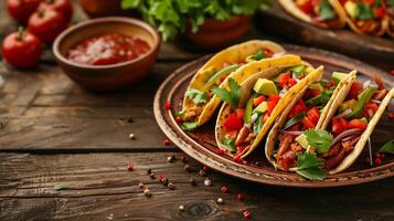 ai generiert Mexikaner Straße Lebensmittel. einstellen von Taco Portionen auf ein Teller foto