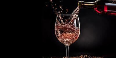 ai generiert rot Wein gießt spritzt in ein Glas auf ein dunkel Hintergrund foto