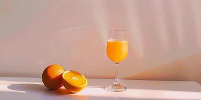 ai generiert Glas von köstlich frisch gedrückt Orange Saft mit frisch Orange foto